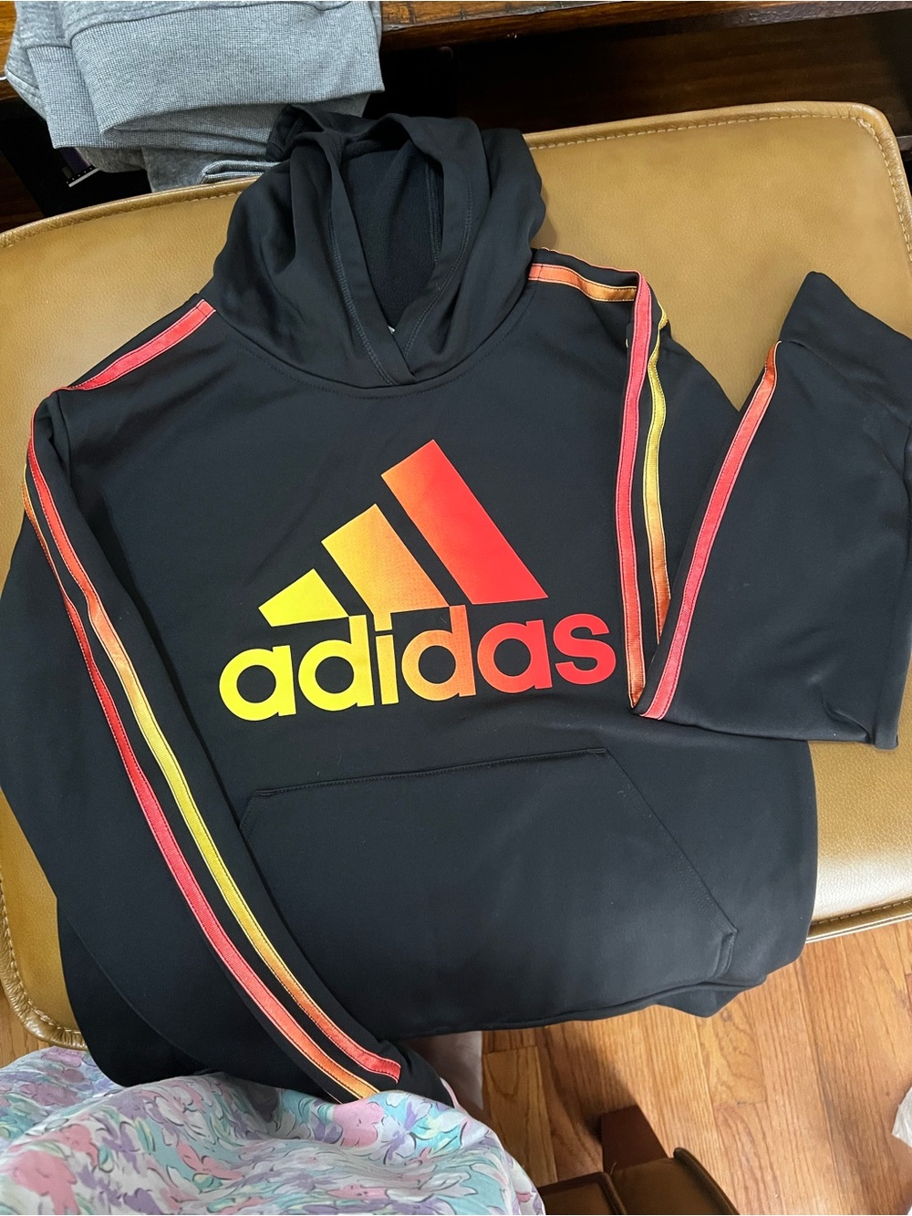 Adidas Black Hoodie with Sunset Gradient Logo and Striped Sleeves